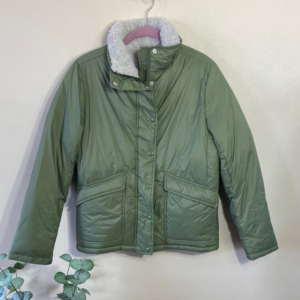 J.Crew Re-imagined Green Sherpa Lined Jacket Utility Puffer Coat XS Lightweight